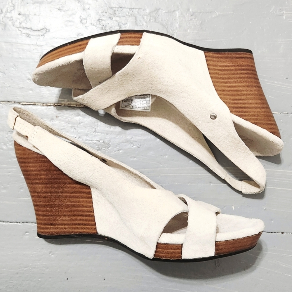 Ugg Beige Suede Slingback Criss Cross Strap Stacked Wooden Wedge Heel Sandals